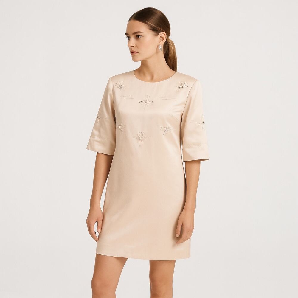 Keepsake Rhinestone Beaded Pink Satin Embellished Short Sleeve Mini Dress Size M